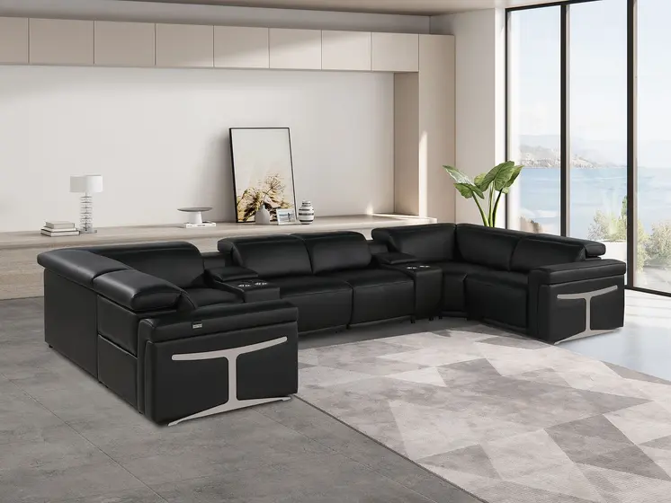 Black Italian Leather Power Reclining U Shaped Eight Piece Corner Sectional With Console