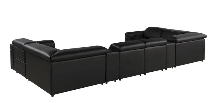 Black Italian Leather Power Reclining U Shaped Eight Piece Corner Sectional With Console