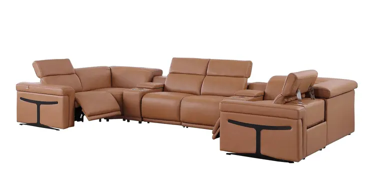 Chestnut Italian Leather Power Reclining U Shaped Eight Piece Corner Sectional With Console