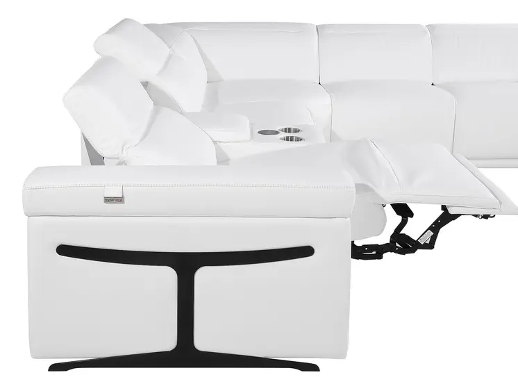 White Italian Leather Power Reclining U Shaped Eight Piece Corner Sectional With Console