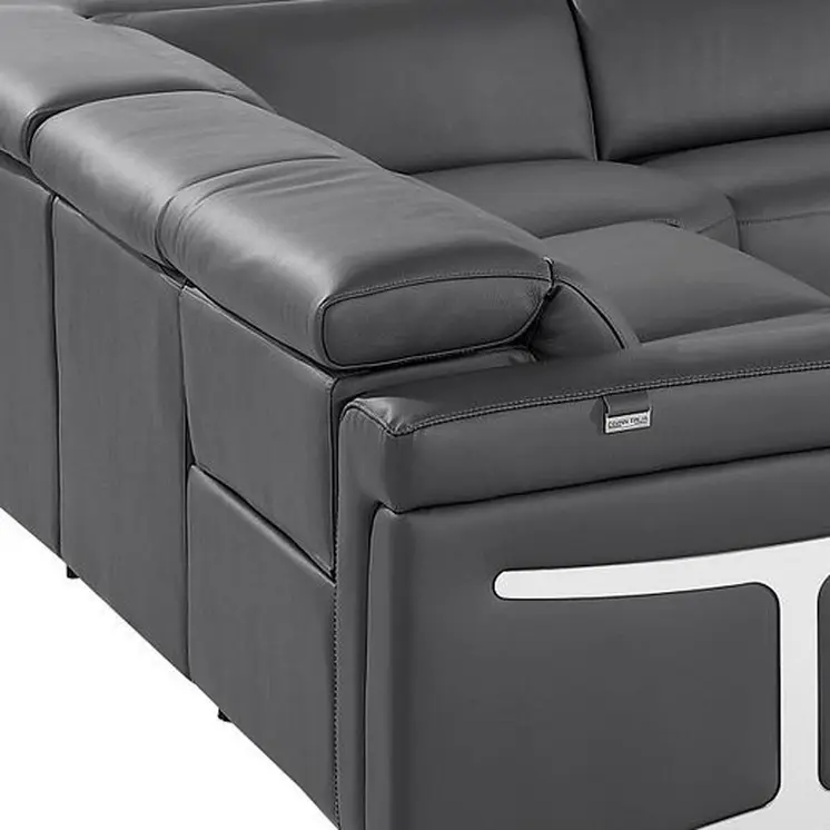 Dark Gray Italian Leather Power Reclining U Shaped Eight Piece Corner Sectional With Console