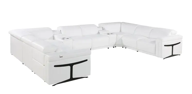 White Italian Leather Power Reclining U Shaped Ten Piece Corner Sectional With Console