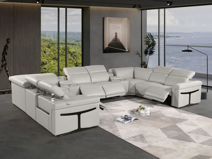 Light Gray Italian Leather Power Reclining U Shaped Ten Piece Corner Sectional With Console