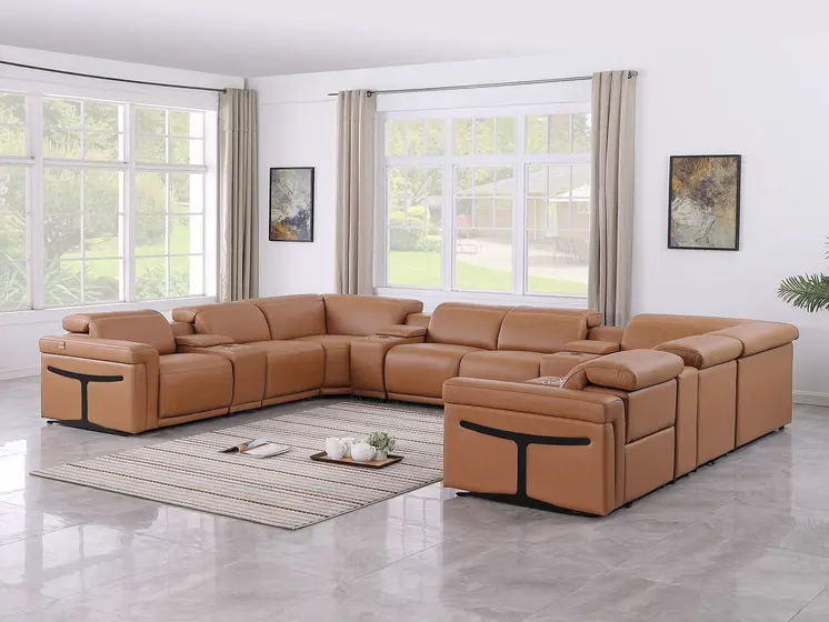 Chestnut Italian Leather Power Reclining U Shaped Ten Piece Corner Sectional With Console