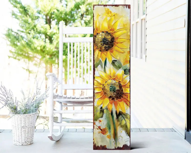 36" Brown Green And Yellow Solid Wood Sunflowers Porch Sign