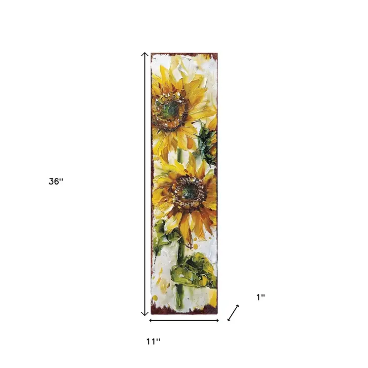 36" Brown Green And Yellow Solid Wood Sunflowers Porch Sign