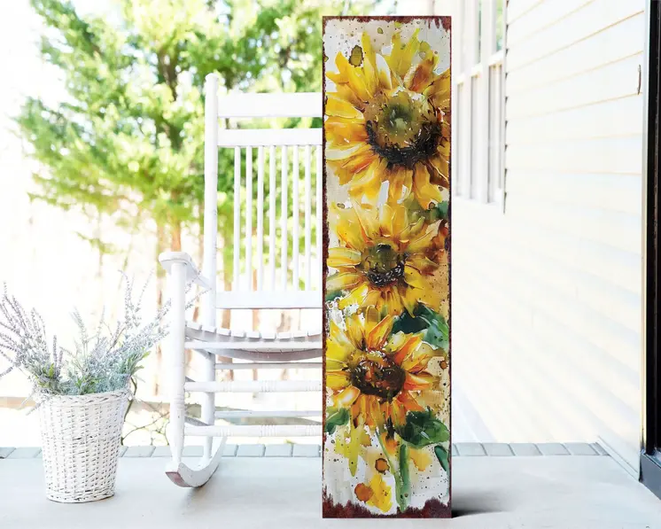36" Brown Green And Yellow Solid Wood Sunflowers Porch Sign