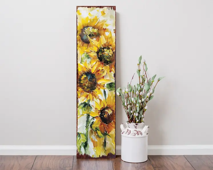 36" Yellow Brown And Green Solid Wood Sunflowers Porch Sign