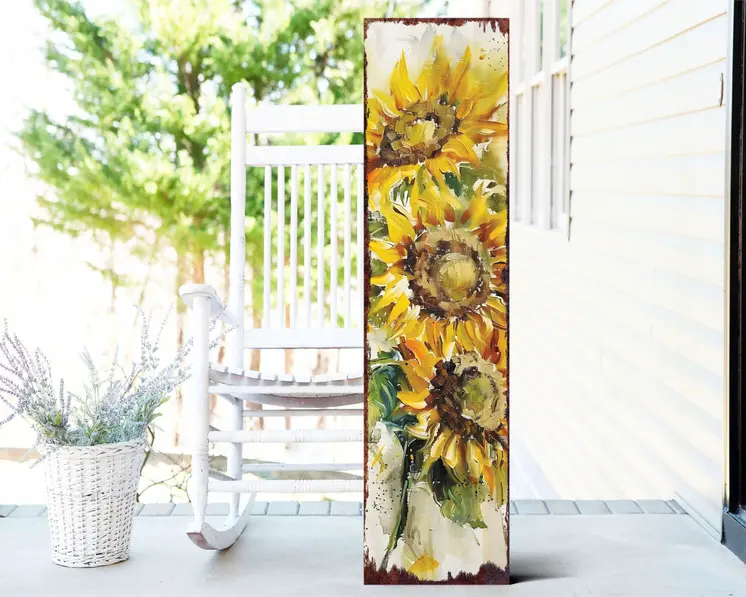 36" Brown Green And Yellow Solid Wood Sunflowers Porch Sign