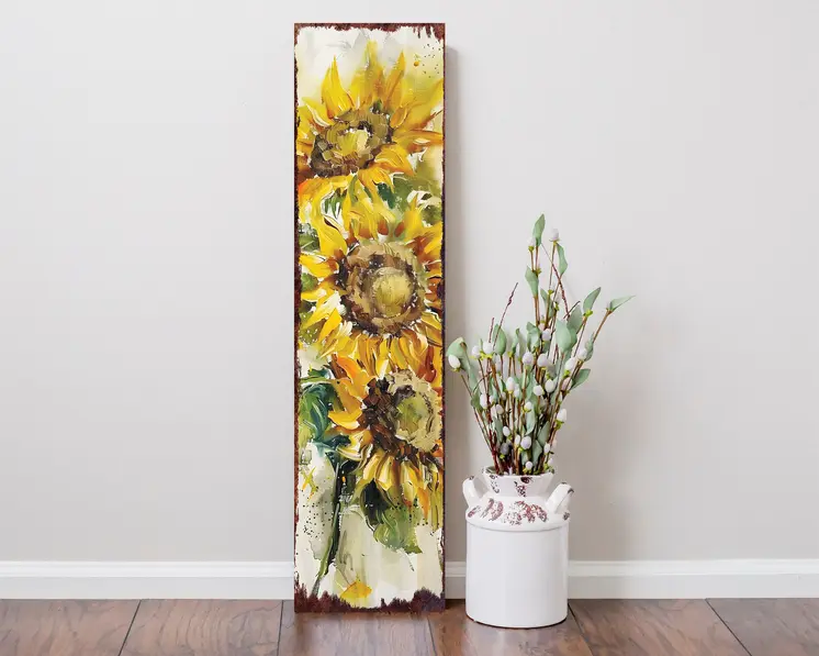 36" Brown Green And Yellow Solid Wood Sunflowers Porch Sign