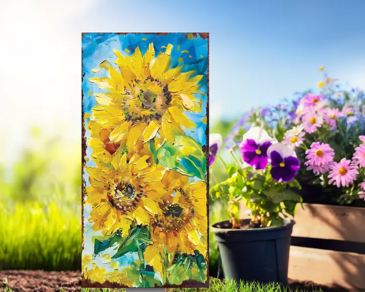 30" Yellow Brown And Green Solid Wood Sunflowers Garden Stake