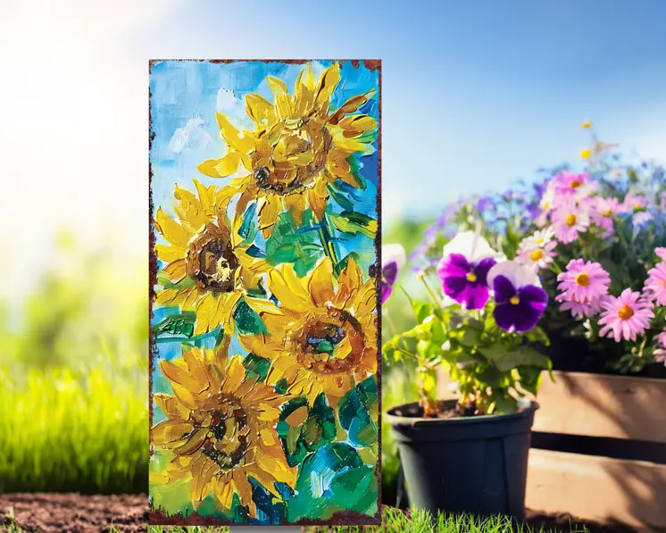 30" Yellow Brown And Green Solid Wood Sunflowers Garden Stake