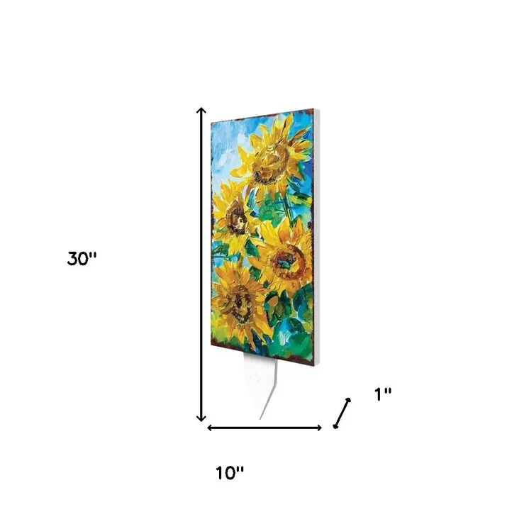 30" Yellow Brown And Green Solid Wood Sunflowers Garden Stake