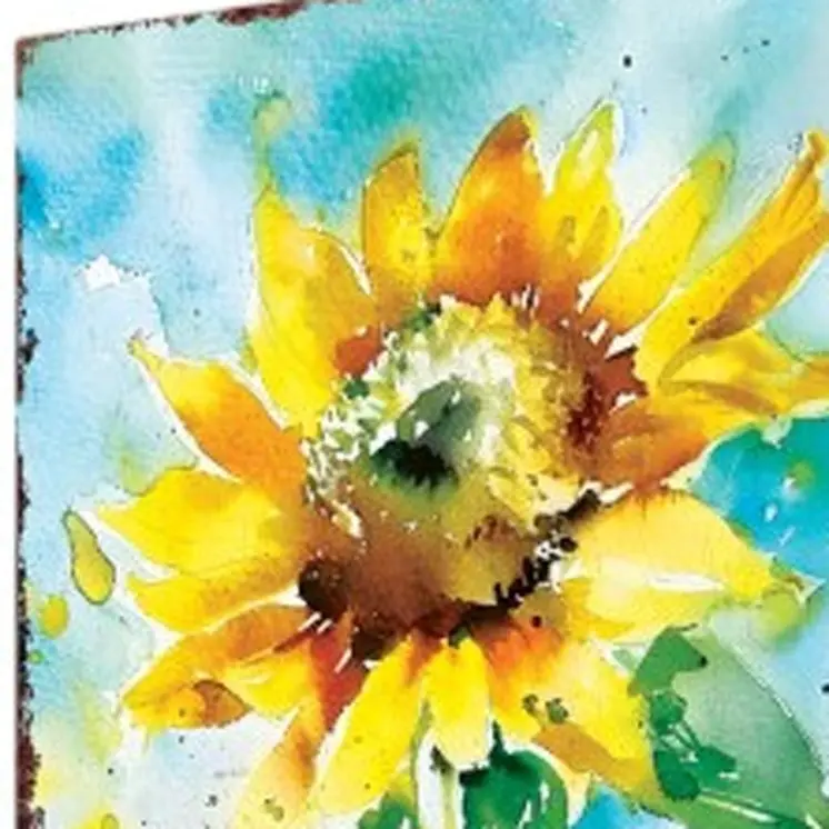 30" Yellow Brown and Blue Solid Wood Sunflowers Garden Stake