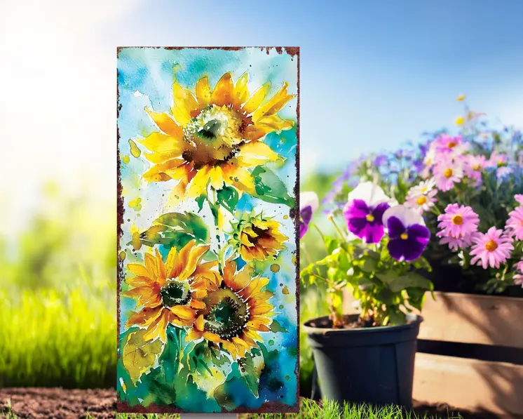 30" Yellow Brown and Blue Solid Wood Sunflowers Garden Stake
