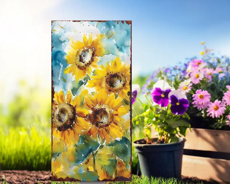 30" Yellow Brown And Blue Solid Wood Sunflowers Garden Stake