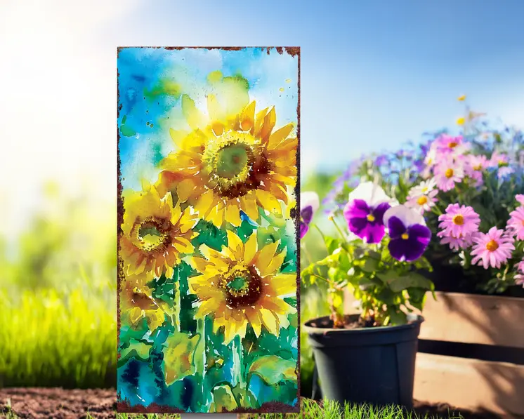 30" Yellow Brown And Green Solid Wood Watercolor Floral Garden Stake