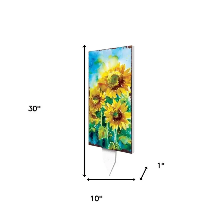30" Yellow Brown And Green Solid Wood Watercolor Floral Garden Stake