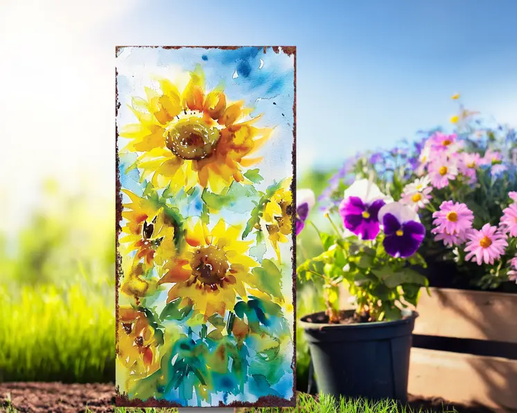 30" Yellow Brown And Green Solid Wood Sunflowers Garden Stake