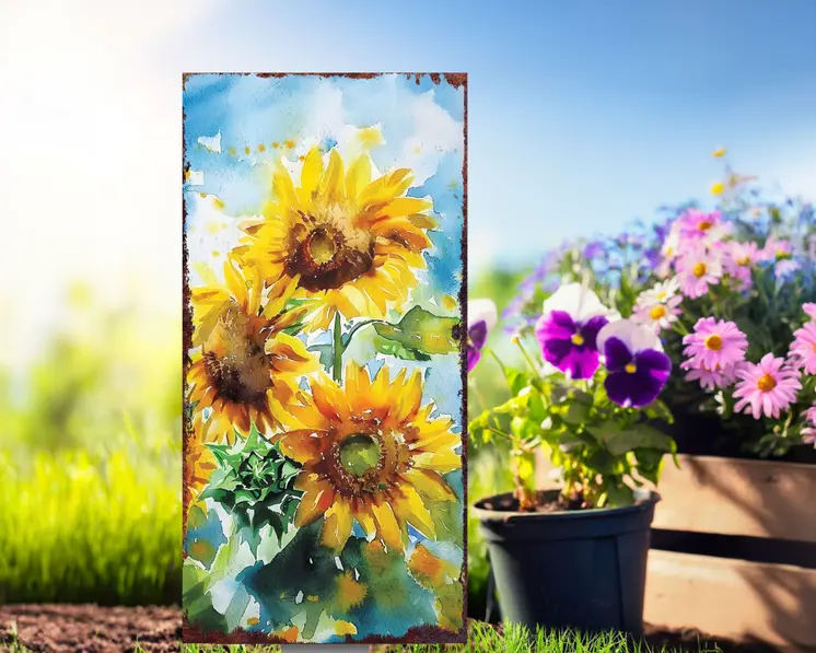 30" Yellow Brown And Green Solid Wood Sunflowers Garden Stake