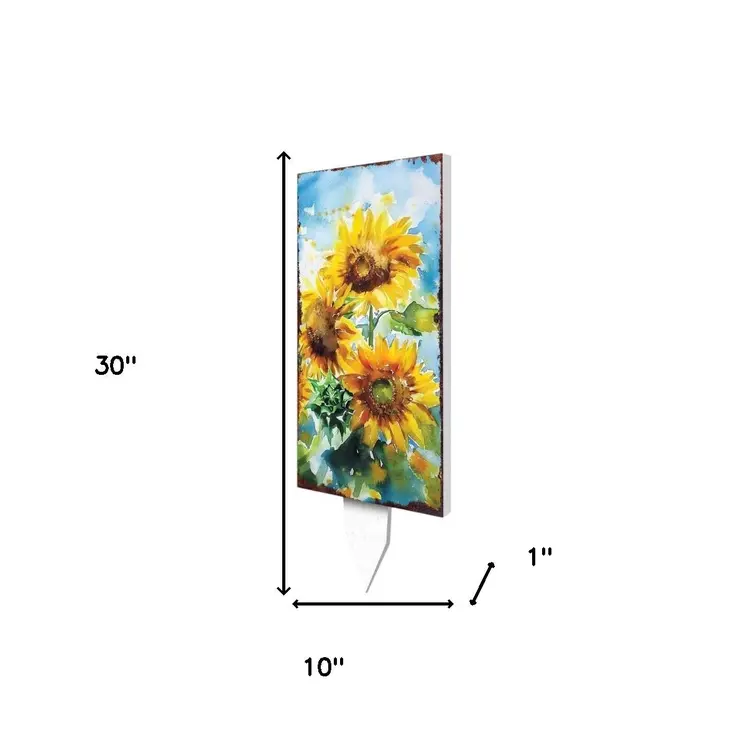 30" Yellow Brown And Green Solid Wood Sunflowers Garden Stake