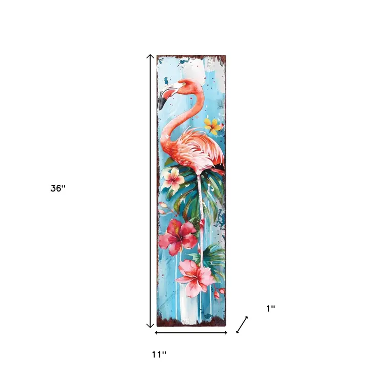 36" Pink And Blue Tropical Floral Solid Wood Flamingo Porch Sign