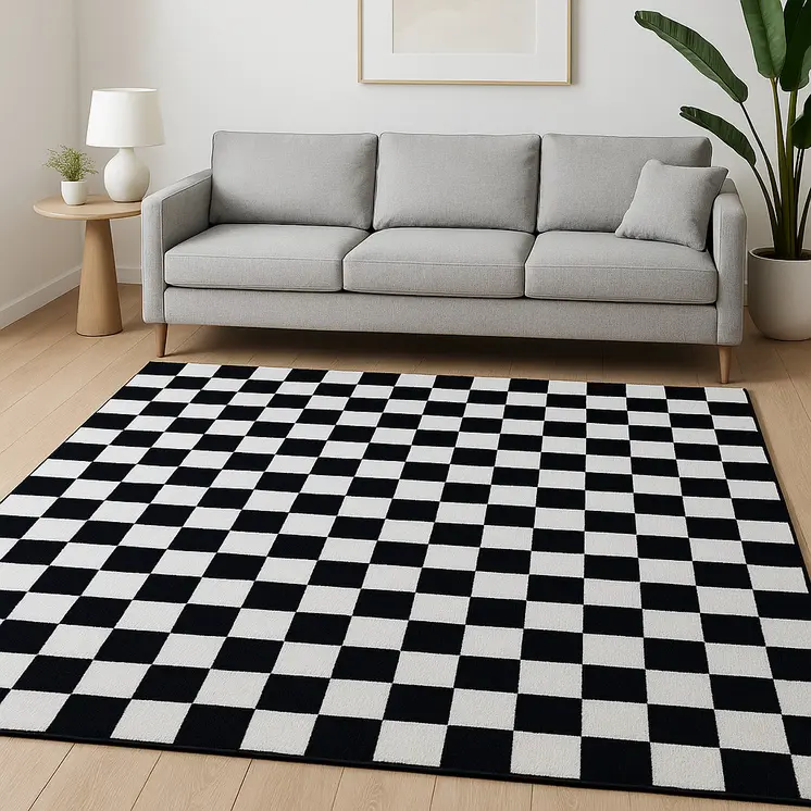 7' X 10' Black And White Checkered Area Rug