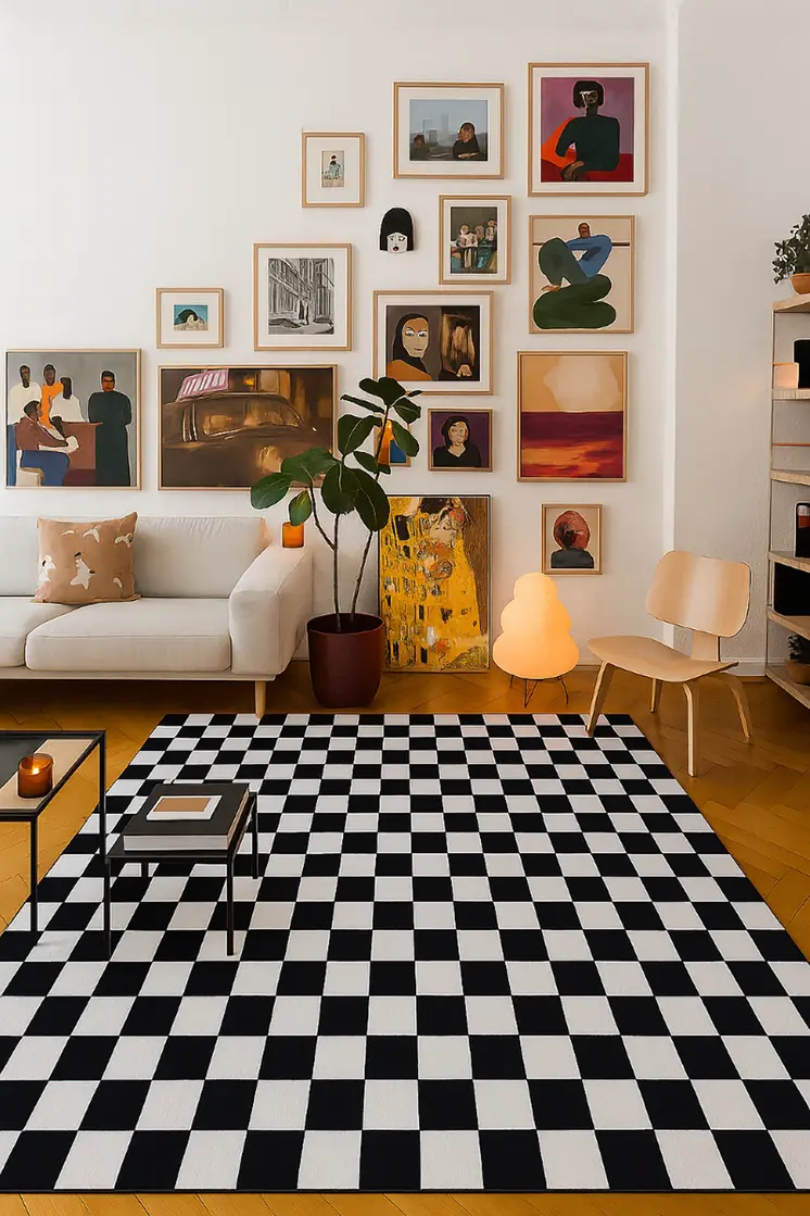 8' X 11' Black And White Checkered Area Rug