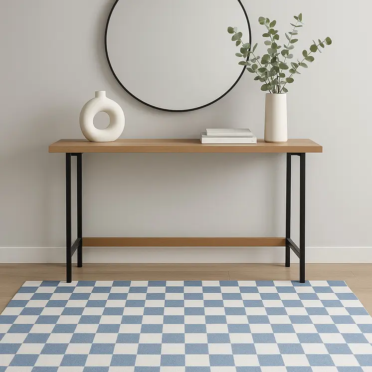 4' X 6' Blue And Off White Checkered Area Rug