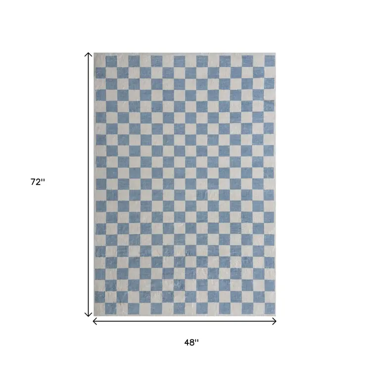 4' X 6' Blue And Off White Checkered Area Rug