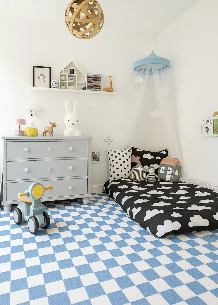 4' X 6' Blue And Off White Checkered Area Rug