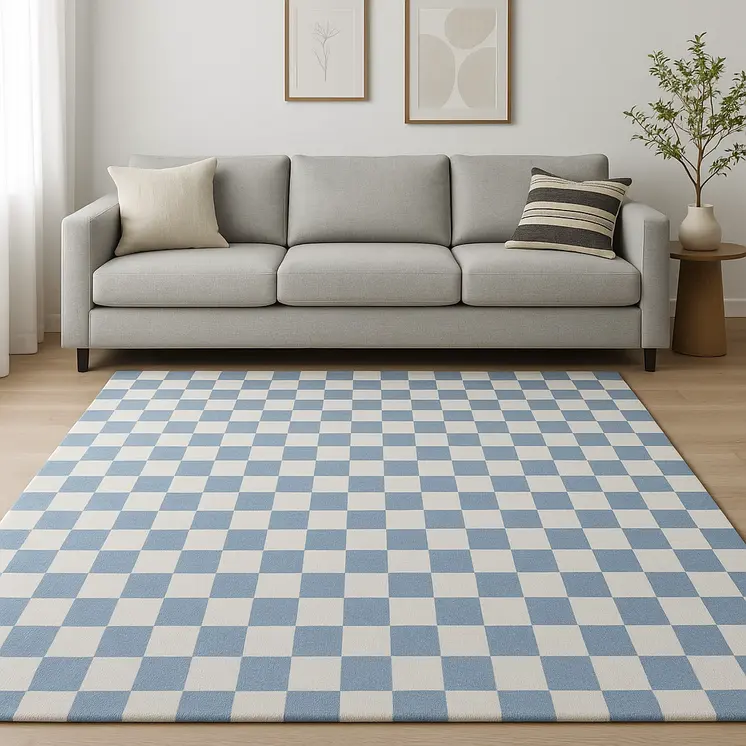 7' X 10' Blue And Off White Checkered Area Rug