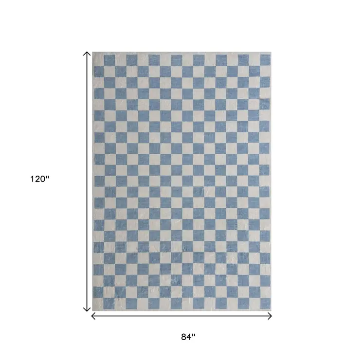 7' X 10' Blue And Off White Checkered Area Rug