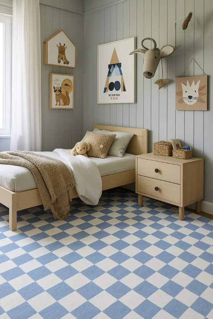 8' X 11' Blue And Off White Checkered Area Rug