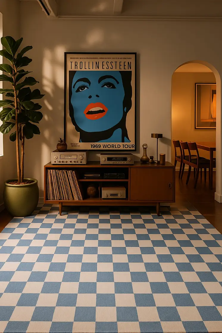 8' X 11' Blue And Off White Checkered Area Rug