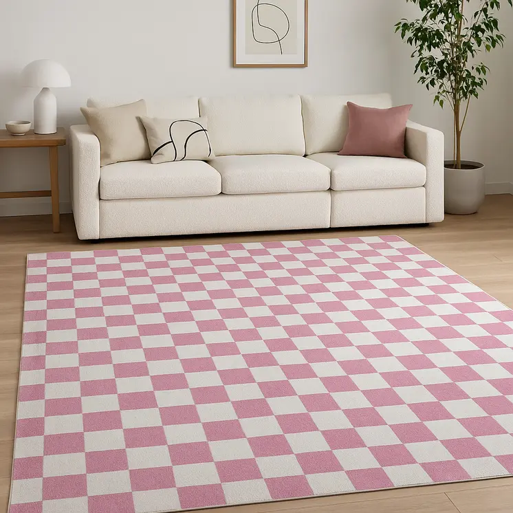 7' X 10' Pink And Off White Checkered Area Rug