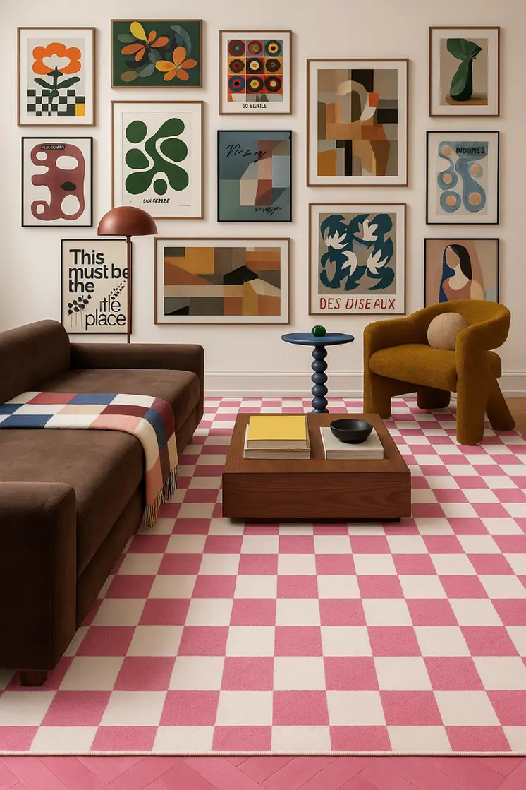 8' X 11' Pink And Off White Checkered Area Rug