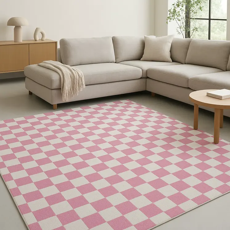 8' X 11' Pink And Off White Checkered Area Rug