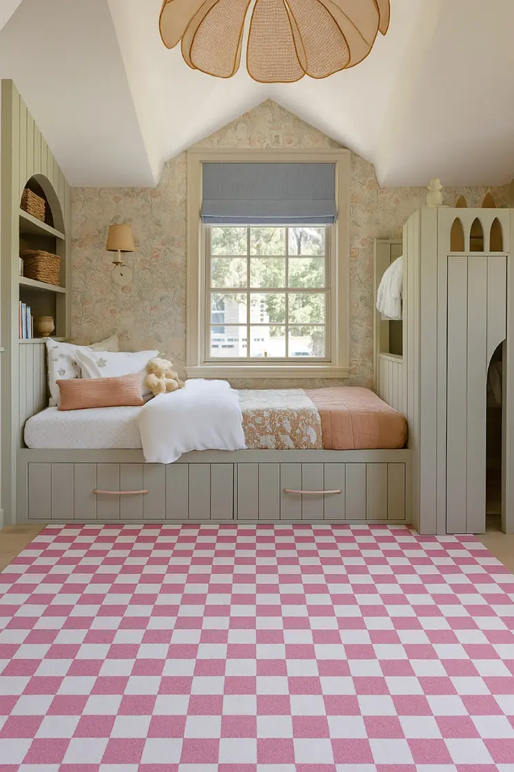 8' X 11' Pink And Off White Checkered Area Rug