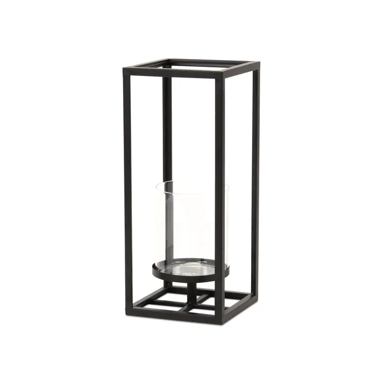 13" Black And Clear Metal And Glass Tabletop Candle Holder