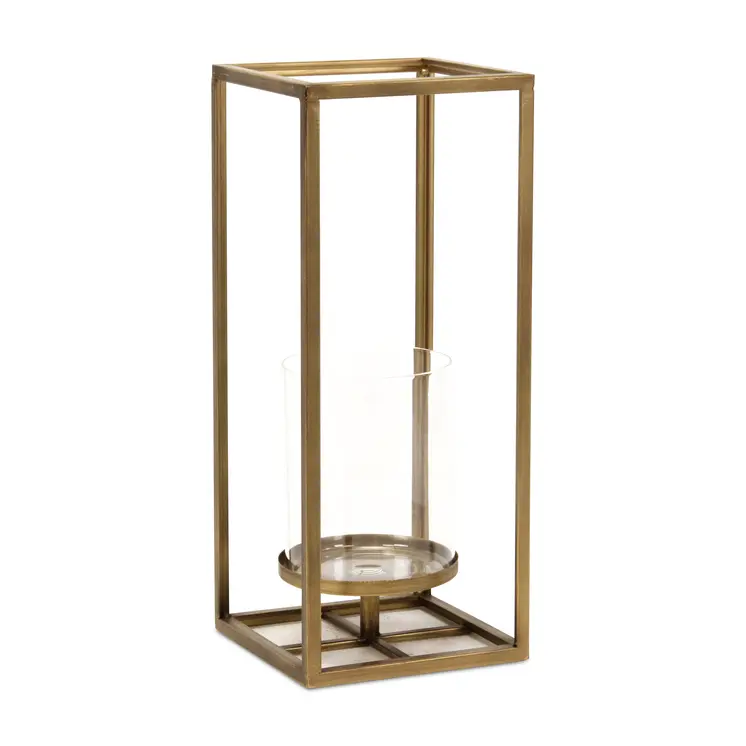 16" Clear And Gold Metal And Glass Tabletop Candle Holder