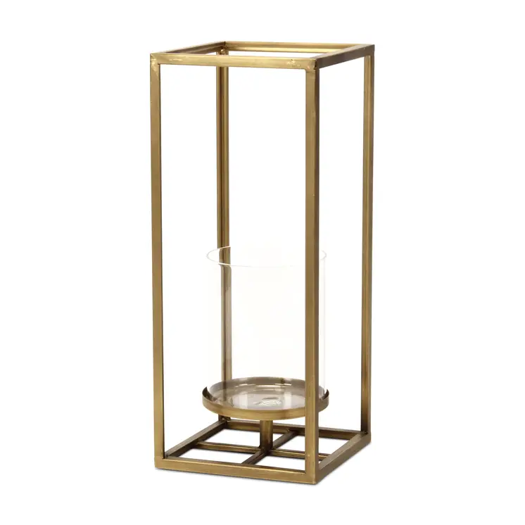 16" Clear And Gold Metal And Glass Tabletop Candle Holder