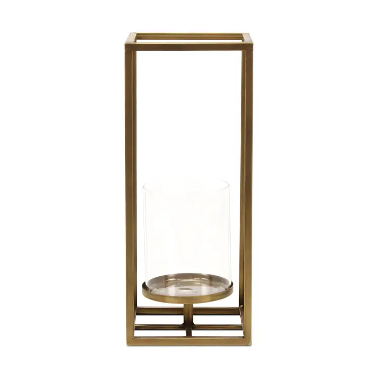 16" Clear And Gold Metal And Glass Tabletop Candle Holder