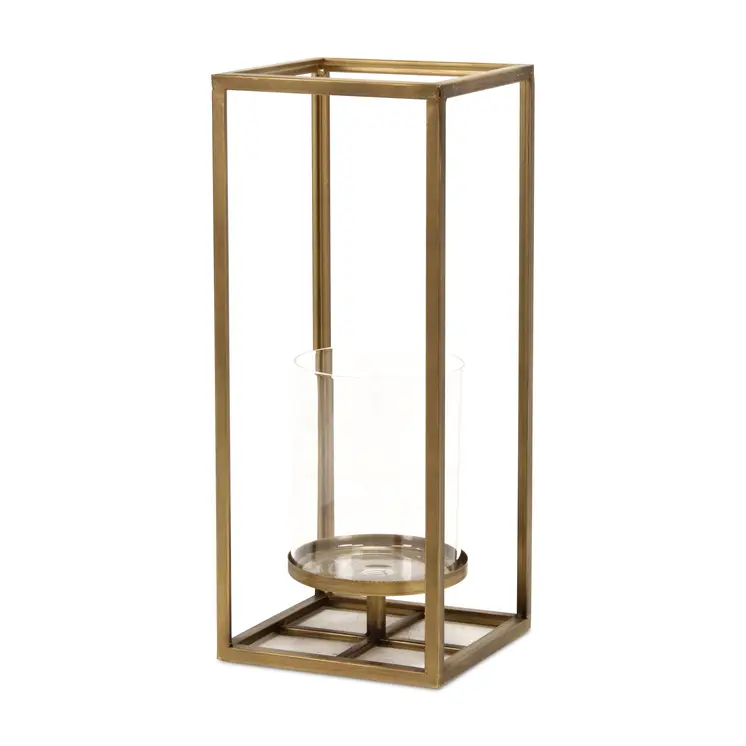 16" Clear And Gold Metal And Glass Tabletop Candle Holder