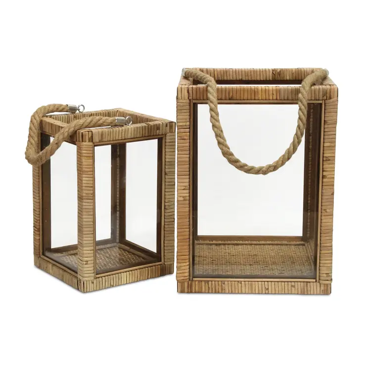 Set of Two Natural Glass Rattan And Rope Tabletop Lantern Candle Holders