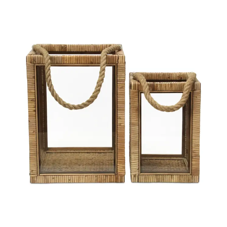 Set of Two Natural Glass Rattan And Rope Tabletop Lantern Candle Holders