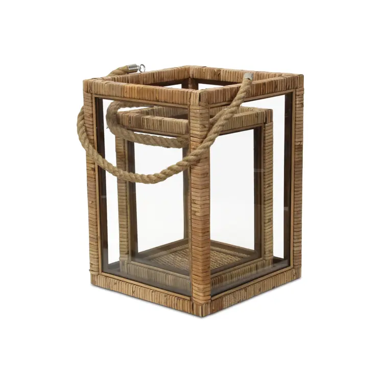 Set of Two Natural Glass Rattan And Rope Tabletop Lantern Candle Holders