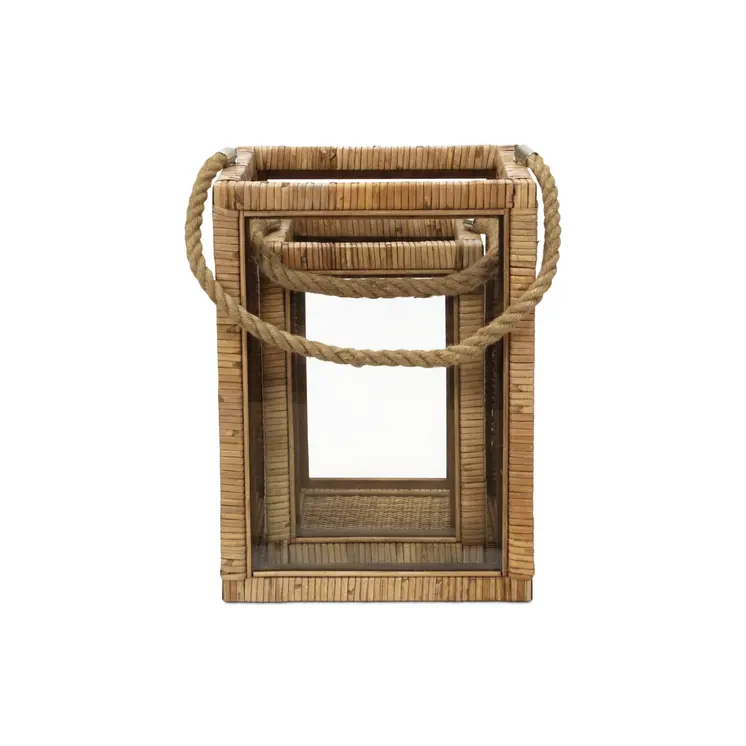 Set of Two Natural Glass Rattan And Rope Tabletop Lantern Candle Holders