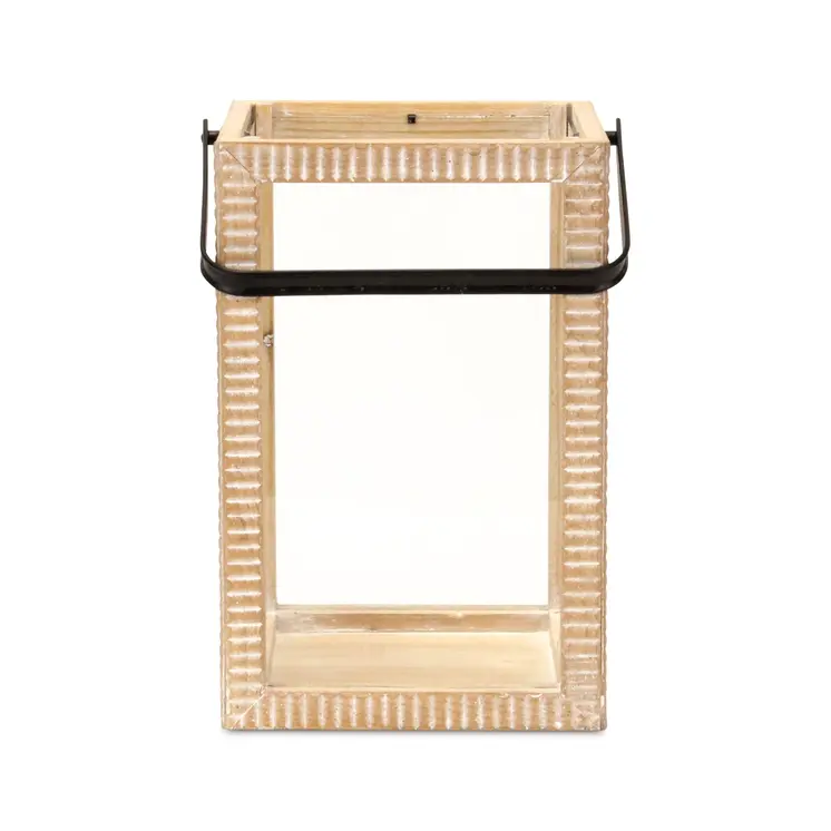 16" Clear And Natural Glass And Solid Wood Tabletop Lantern Candle Holder