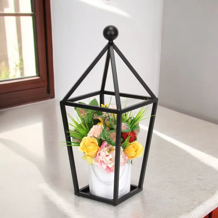 24" Black Geometric Metal Tabletop Lantern Candle Holder